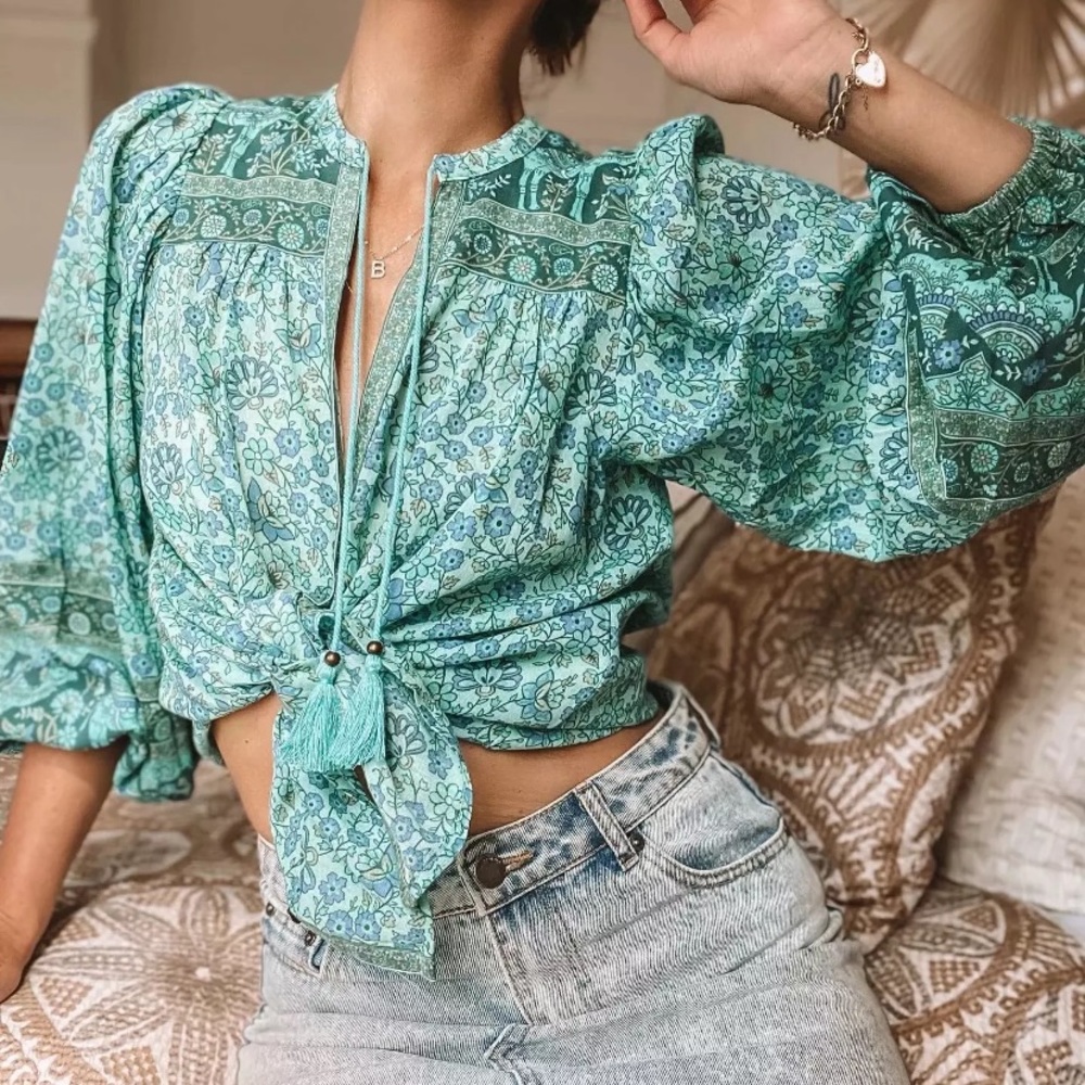 Bohemian Blue Floral Button Up Blouse Top - Picture 2 of 11